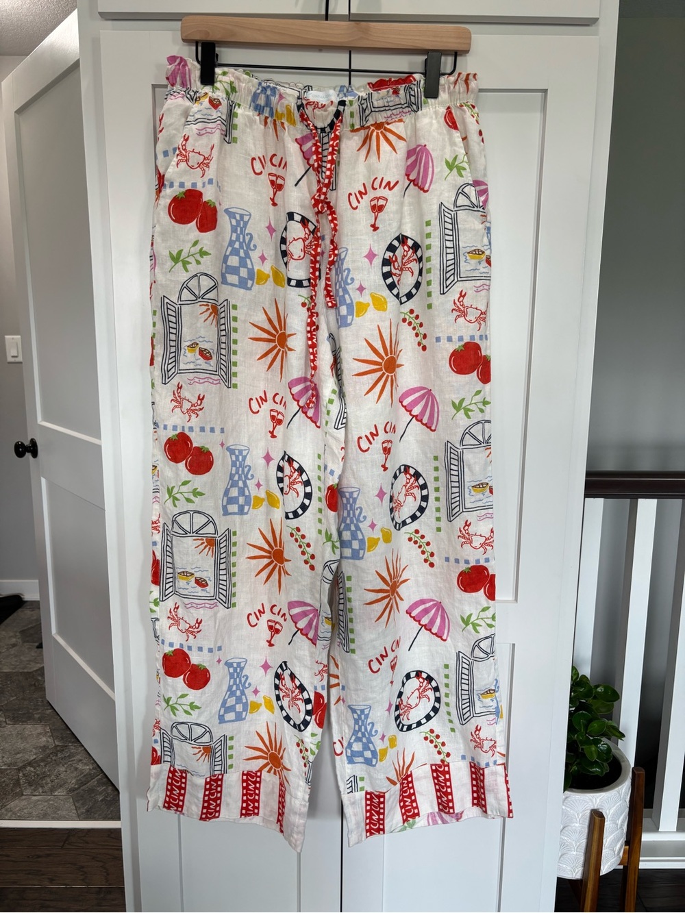 Cynthia Rowley White Linen Beach Multicolor Wide-Leg Printed Pants